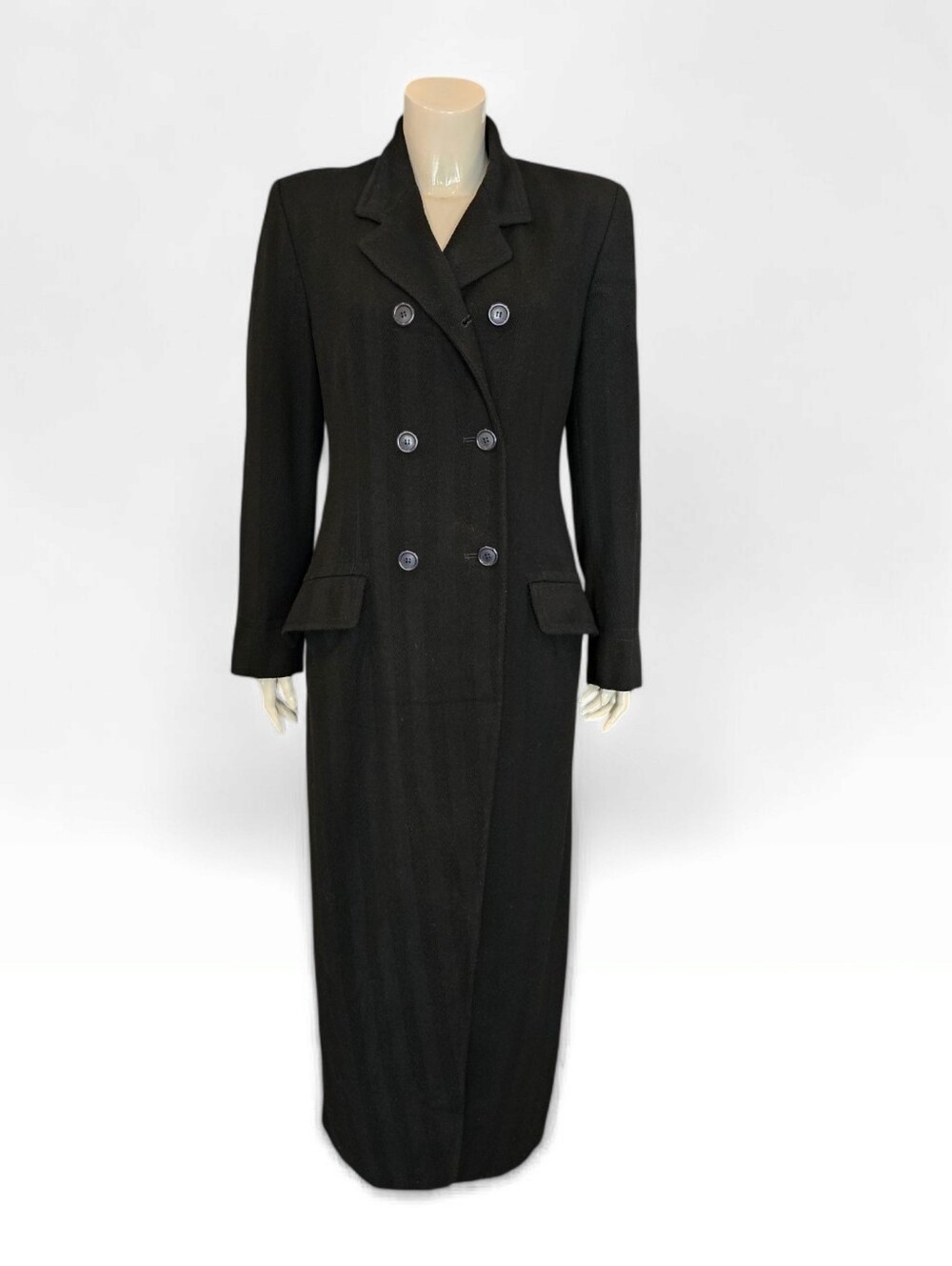Vtg 90s CALVIN KLEIN Women Black Wool Herringbone Double Breasted Maxi Coat 10